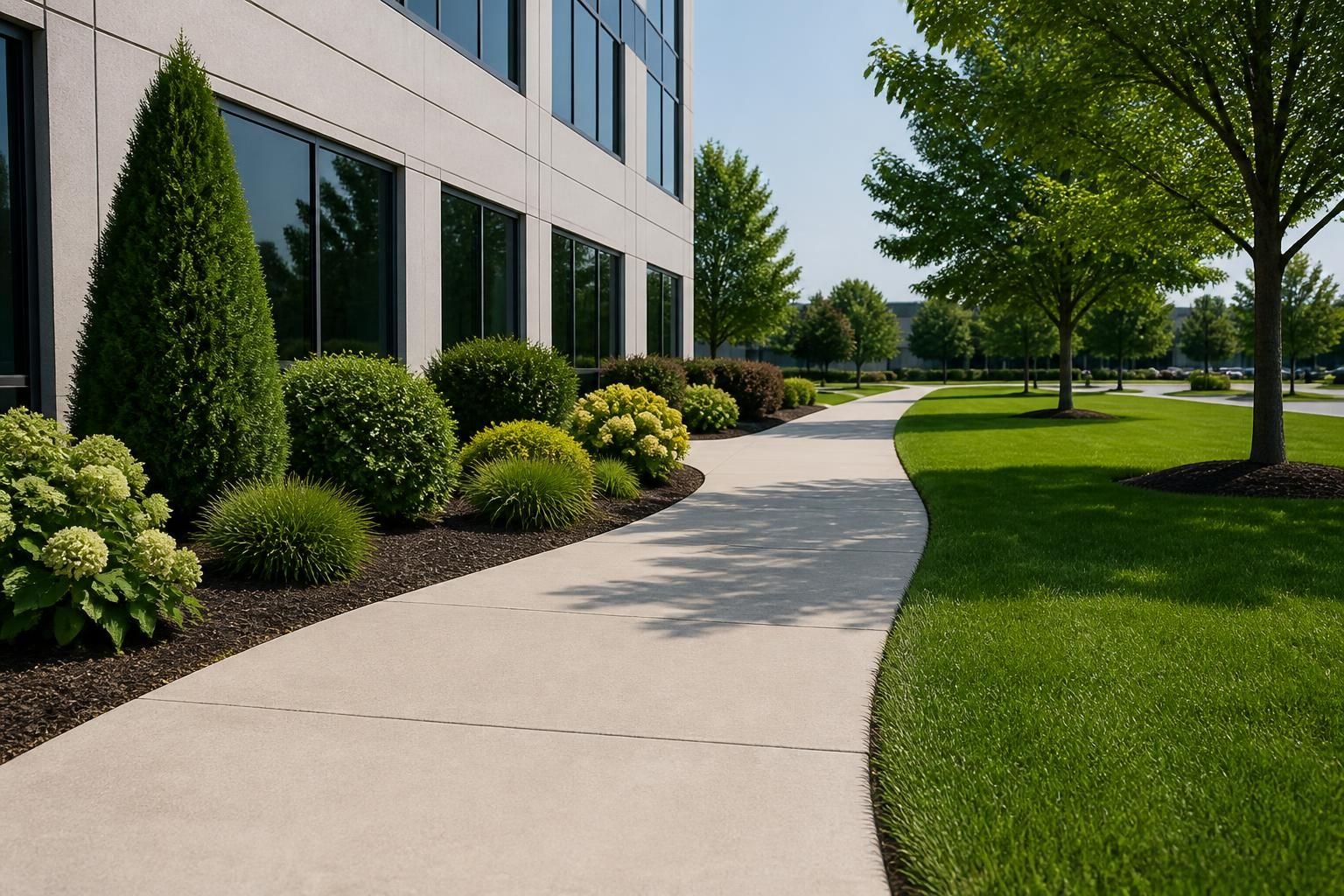 Commercial property with clean walkways and maintained landscaping.