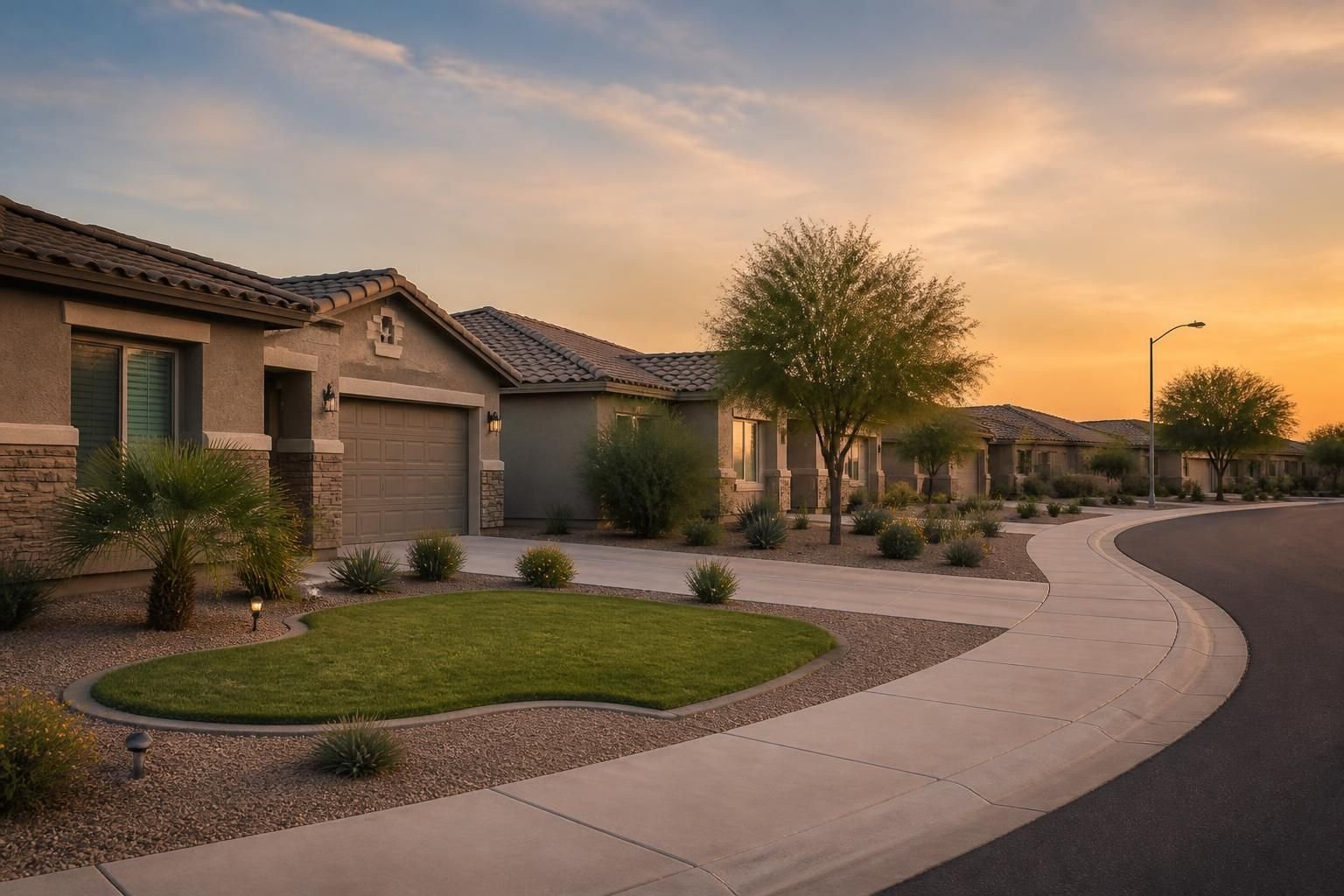 El Mirage neighborhood with clean lawns and low-water plants.