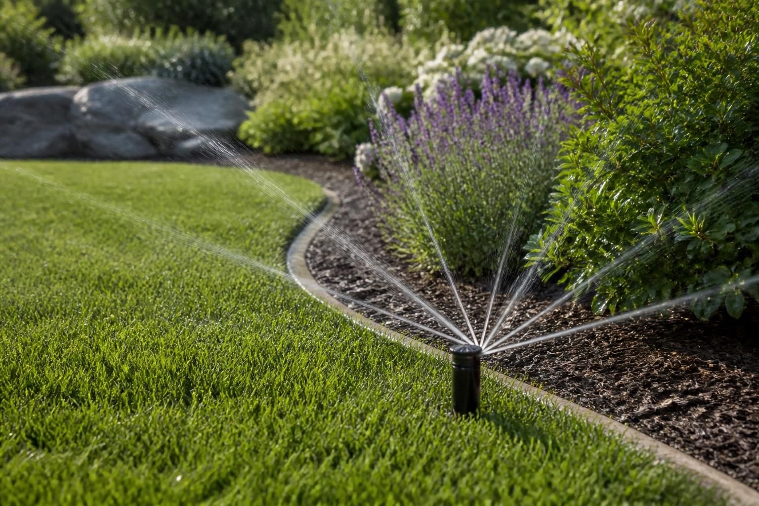 Healthy landscape supported by a neatly completed irrigation system.