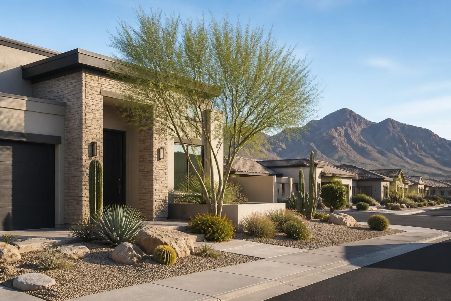 Phoenix residential scene with desert landscaping and modern homes.