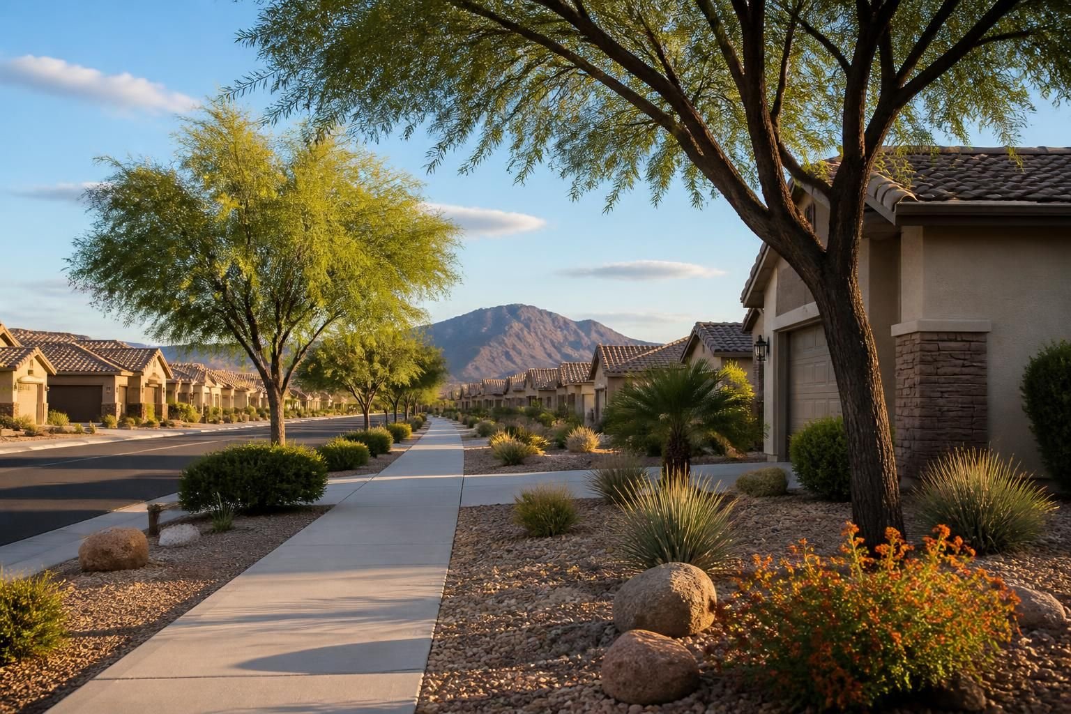 Surprise neighborhood with desert landscaping and clean sidewalks.