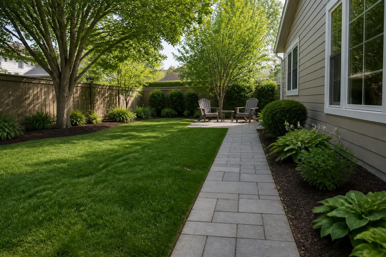 Clean yard with cleared beds and neat lawn after cleanup.